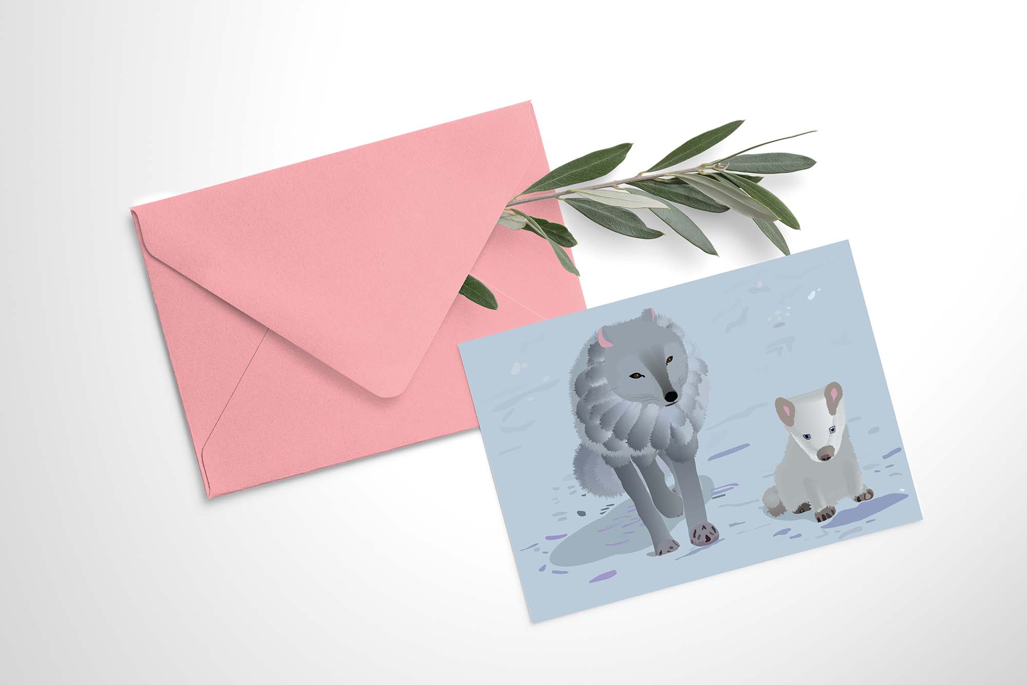 carte postale renards polaires et enveloppe rose